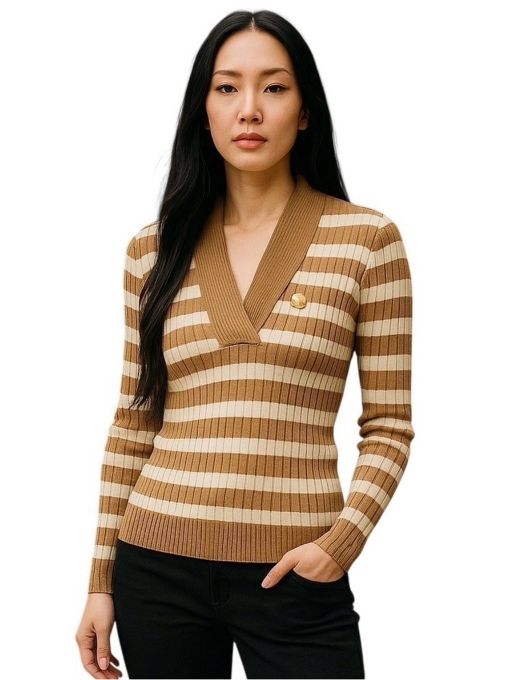 Lauren Ralph Lauren Chunky Ribbed Striped Brown Sweater Cardigan